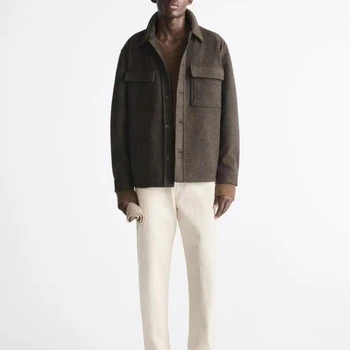 Мужское пальто, весенне-осенняя повседневная рубашка с двойным карманом, куртка бежевого цвета с длинными рукавами, простые однотонные куртки, верхняя одежда на пуговицах