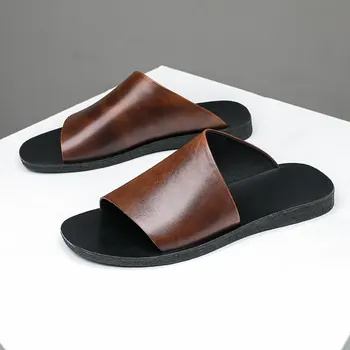 Мягкие кожаные тапочки для мужчин, Лето 2023, Новый стиль, Удобные уличные коричневые сандалии из натуральной кожи, Модная мужская пляжная обувь
