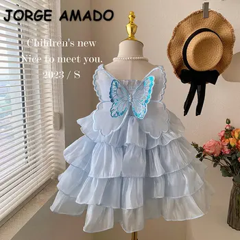 Новое летнее праздничное платье для маленьких девочек, платье принцессы без рукавов, платья для торта с бабочкой и бантом, Однотонная детская одежда E2336