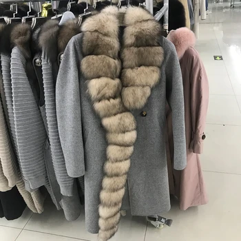 Новое модное женское пальто, полушерстяная куртка, роскошный воротник из натурального лисьего меха, высокое качество, Горячая распродажа