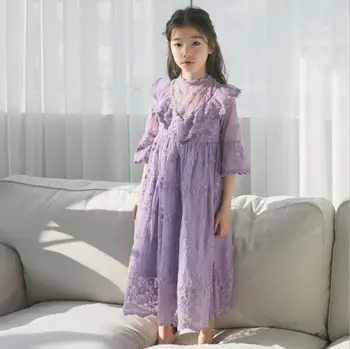 Новое платье для маленьких девочек в корейском стиле, кружевные длинные платья принцессы для подростков, детское праздничное платье, хлопковая одежда от 4 до 16 лет ws406