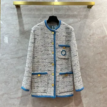 Новое твидовое пальто ручной работы из голубой тканой ленты, женский шерстяной топ с жаккардовой подкладкой высокого качества
