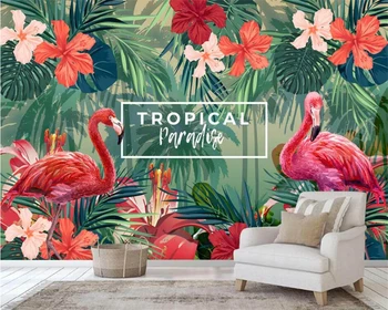 обои для стен beibehang на заказ 3D модные нарисованные вручную тропические растения фон фламинго настенная роспись