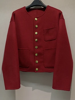 Однобортный Жакет из 100% шерсти, Винно-красные Топы с длинными рукавами, Женское Шерстяное пальто, Повседневное Осеннее Женское пальто с карманной вышивкой