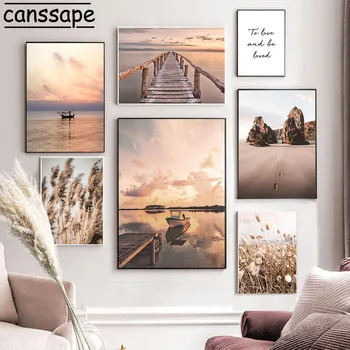 Океанский пейзаж, печать на холсте, плакат с сеном, картина на мосту, лодка, Пляж, настенные рисунки в скандинавском стиле для декора гостиной