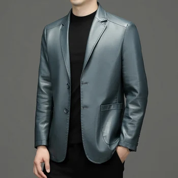 Осенние и весенние мужские кожаные куртки 2023, Новая мужская мода, приталенный Корейский костюм, воротник с лацканами, деловое повседневное кожаное пальто