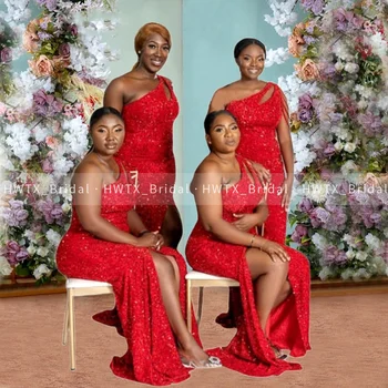 Платья подружек невесты в русалочьем стиле с красными блестками, с длинным бисером на одно плечо, без рукавов, женское свадебное платье-труба, вечернее