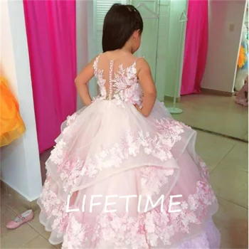 Розовое многоуровневое свадебное платье в цветочек на одно плечо со съемным поясом для мамы с дочкой, платья со шлейфом