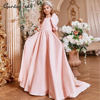 Розовое платье принцессы для девочек, Атласное платье трапециевидной формы с пышными рукавами для девочек в цветочек, Длинное детское платье, праздничное платье для девочек, платье для первого причастия