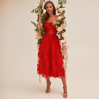 Роскошное выпускное платье Миди с 3D цветами, кружевное вечернее платье трапециевидной формы без бретелек, длина Красного чая, иллюзия спинки, официальные вечерние платья