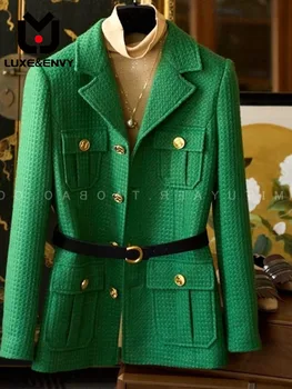 РОСКОШНОЕ зеленое пальто с вафельной текстурой и золотой пряжкой с воротником-лацканом (с поясом) 2023, Осеннее женское