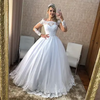 Роскошное свадебное платье A Line Vestido De Noiva из Саудовской Аравии, Винтажные свадебные платья с кружевной аппликацией 2021, свадебные платья с вырезом лодочкой и длинным рукавом.