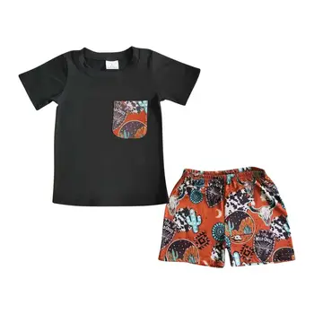 Рубашки Для маленьких мальчиков, Комплекты детской одежды с принтом Западного кактуса, Черный костюм с коротким рукавом и верхним карманом