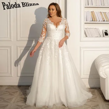 Свадебные платья Paloda из роскошного тюля 2023, V-образный вырез, рукава три четверти, аппликации на пуговицах, свадебное платье трапециевидной формы, большие размеры