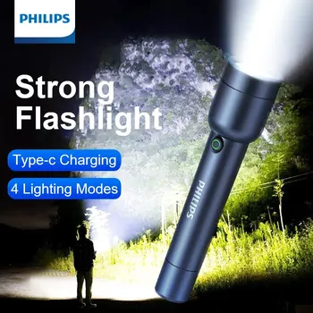 Светодиодный фонарик Philips с перезаряжаемой батареей USB 18650, 4 режима освещения, Водонепроницаемые фонари для самообороны на открытом воздухе