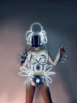 Сценический костюм для выступления танцовщицы Technology Sense, светодиодный головной убор, раздельный костюм, боди, танцевальная одежда Gogo, одежда для рейва