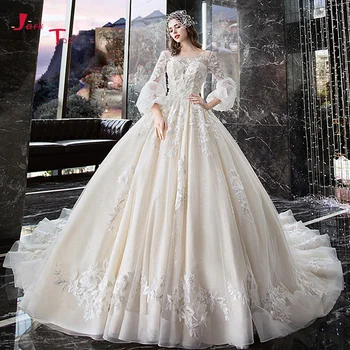 Сшитое на заказ с круглым вырезом и рукавом три четверти, расшитое бисером, Аппликации из цветов, кружевное бальное платье принцессы, свадебное платье Vestido Novia