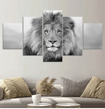 Черно-белые Животные, модульные картины на холсте, 5 предметов, Плакат со Львом, декор стены гостиной, рамки для картин с HD печатью