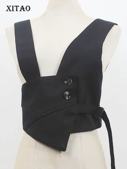 Черный жилет с поясом XITAO, индивидуальность, модные асимметричные бретельки, жилет на пуговицах, словосочетание Снаружи, декоративный топ HQQ0331