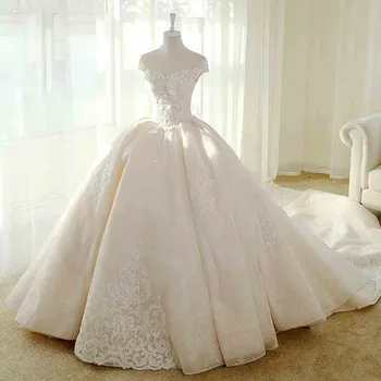 Шлейф часовни с коротким рукавом и открытой спиной Великолепное бальное платье принцессы Свадебное платье Vestidos De Noiva Princesa