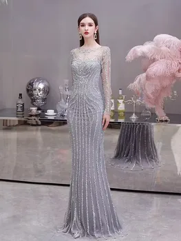 Элегантные вечерние платья с длинным рукавом из Дубая для женщин 2023, роскошное вечернее платье русалки с круглым вырезом, расшитое хрусталем, для выпускного вечера