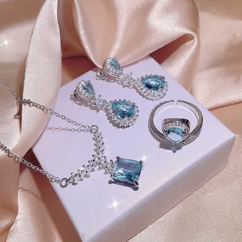 Ювелирные украшения марки 925, Женский комплект из 3 предметов С синими циркониевыми кольцами, серьгами, ожерельем, модные украшения для вечеринки, подарок